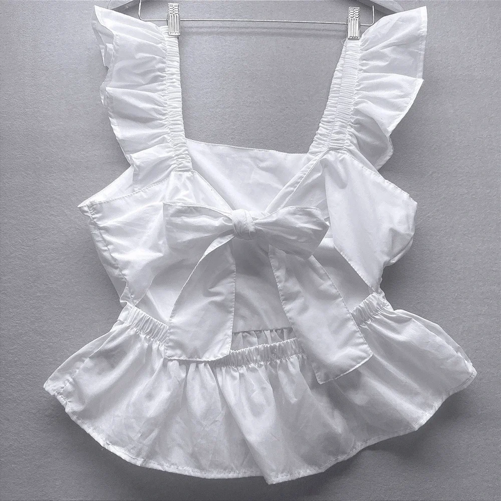 Who's That Girl White Ruffle Strap Peplum Top Women Large Tie Back Girly Summer - Picture 4 of 7